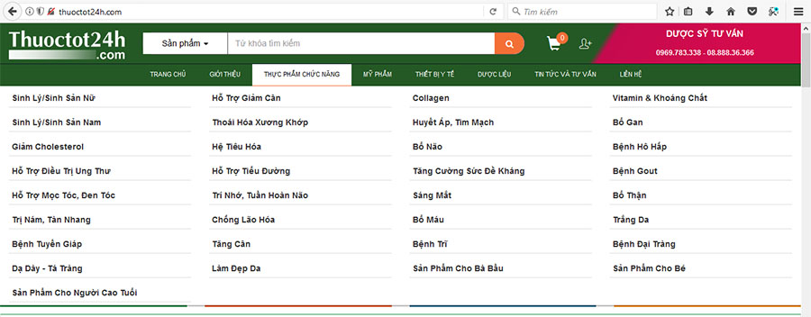danh mục sản phẩm trên website thuoctot24h.com