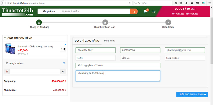 Điền thông tin mua hàng trên website thuoctot24h.com